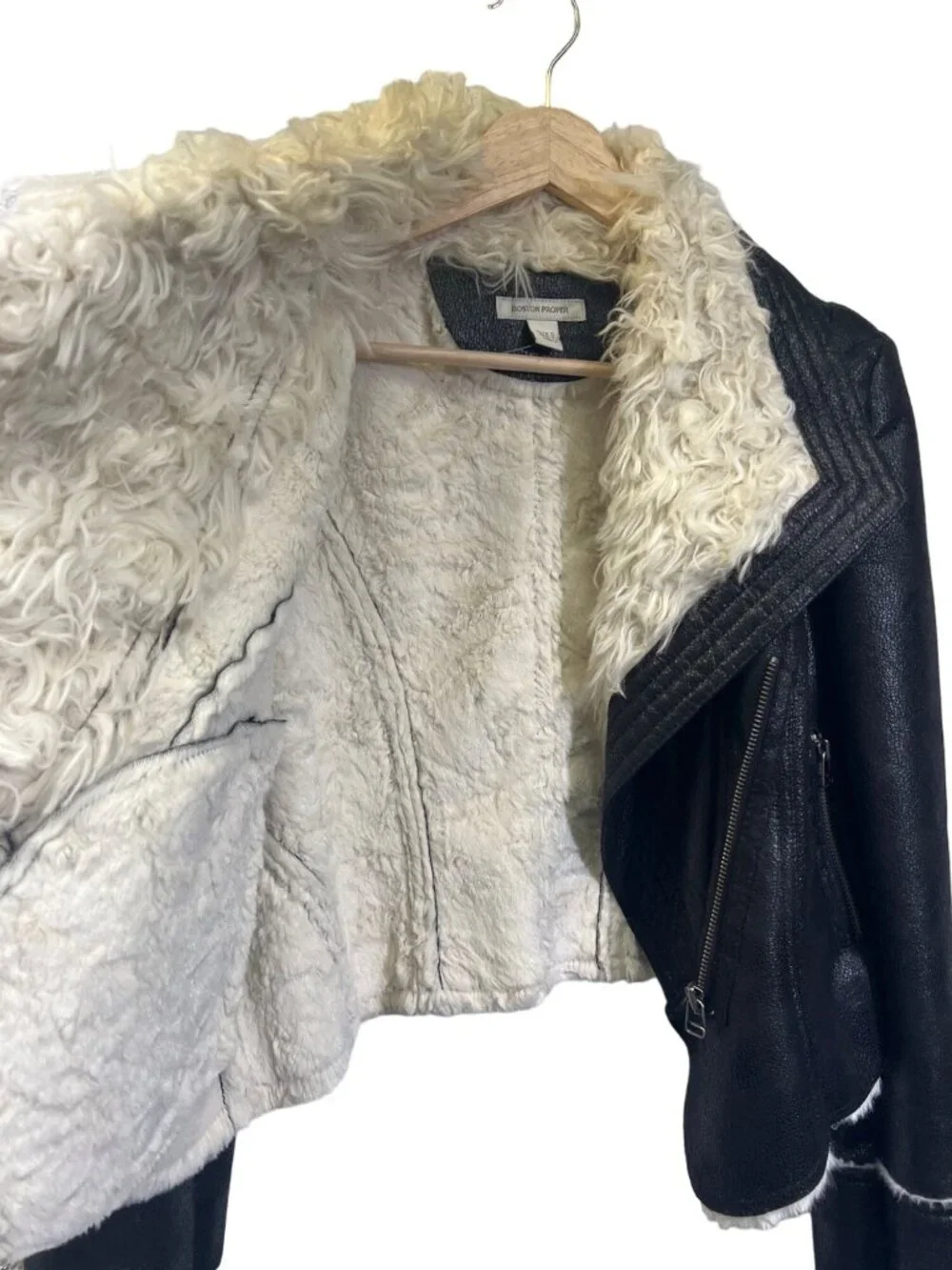 Boston Proper Black Faux Leather Off White Shearling Collar Moto Jacket